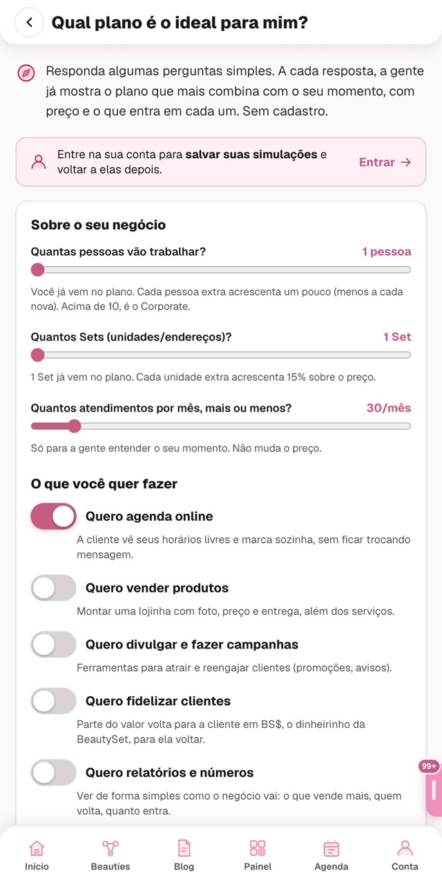 Consultor de planos do app: perguntas simples que indicam o plano ideal