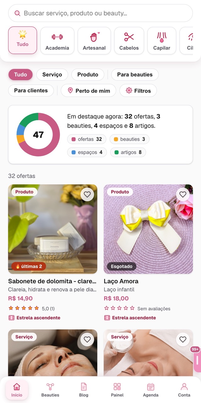 Tela inicial do app BeautySet com busca, categorias e vitrine de ofertas